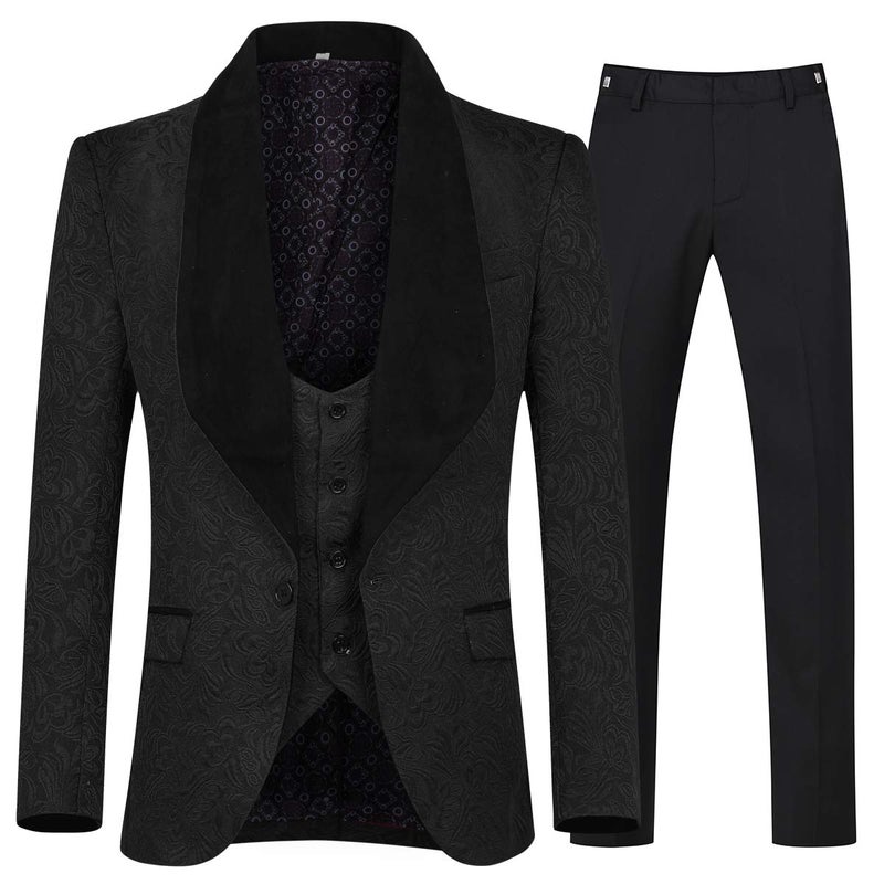 YFFUSHI Men's 3 Piece Suit Slim Fit Jacquard Tuxedo 1 Button Shawl Collar Blazer Vest & Pants for Wedding Formal Prom Black - Image 1